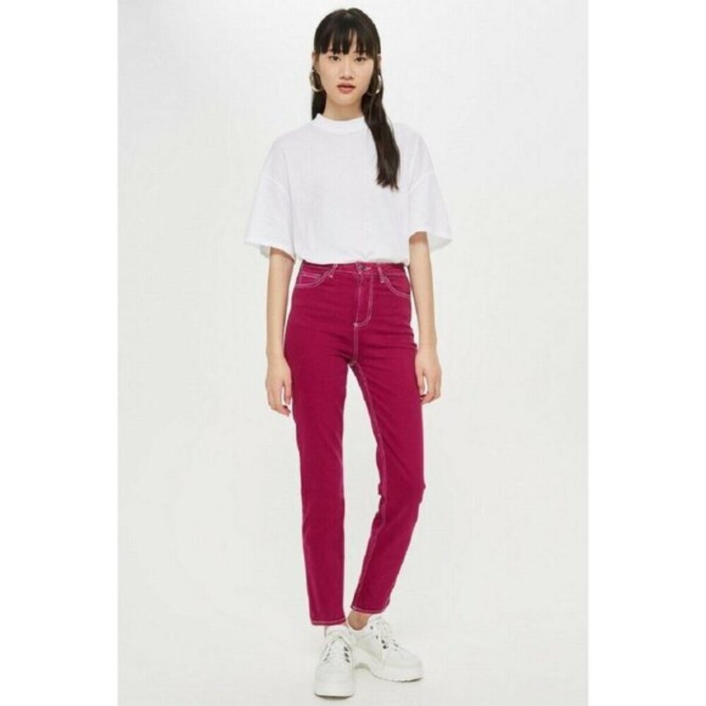 TOPSHOP Jeans Jamie Straight Leg Moto Pink Magenta Ankle Denim SZ 28 NEW